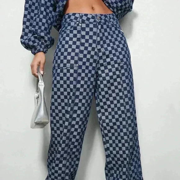 Blue Casual Women's Wide Leg Carpenter Checkboard Jeans - Picture 2 of 4